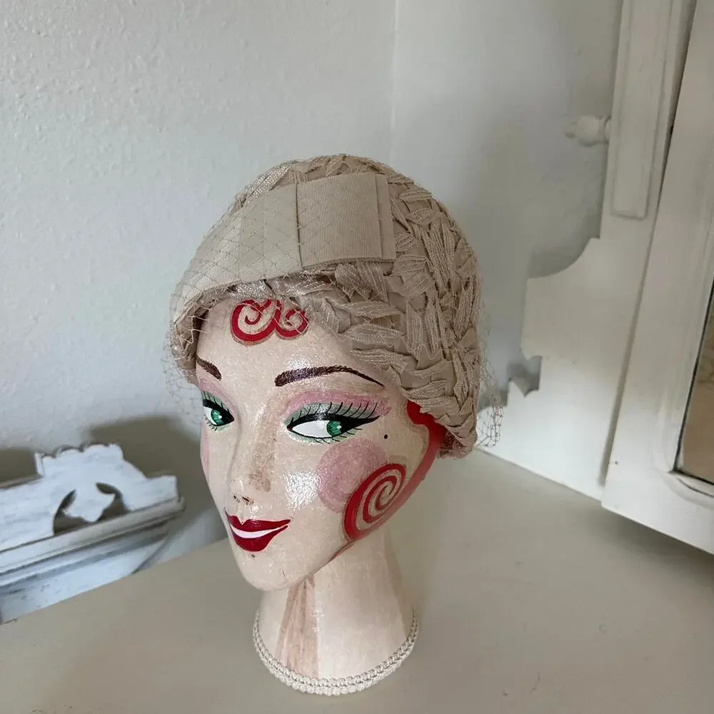 Sears Millinery Vintage 1950s Ivory Pillbox Hat with Net Veil Bow Detail